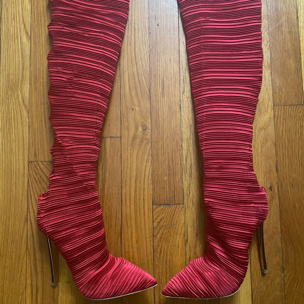 Casadei red thigh high boots with gold heel